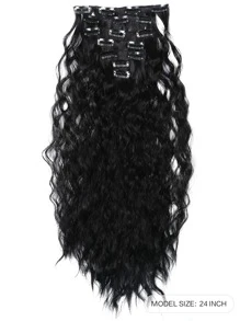 22 Inch 7pcs Curly Synthetic Hair Extension Set, For Hair Lengthening, Invisible Clips, Black - Black - View 7