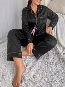 Plus Contrast Binding Satin Shirt & Trousers PJ Set - Black - View 1