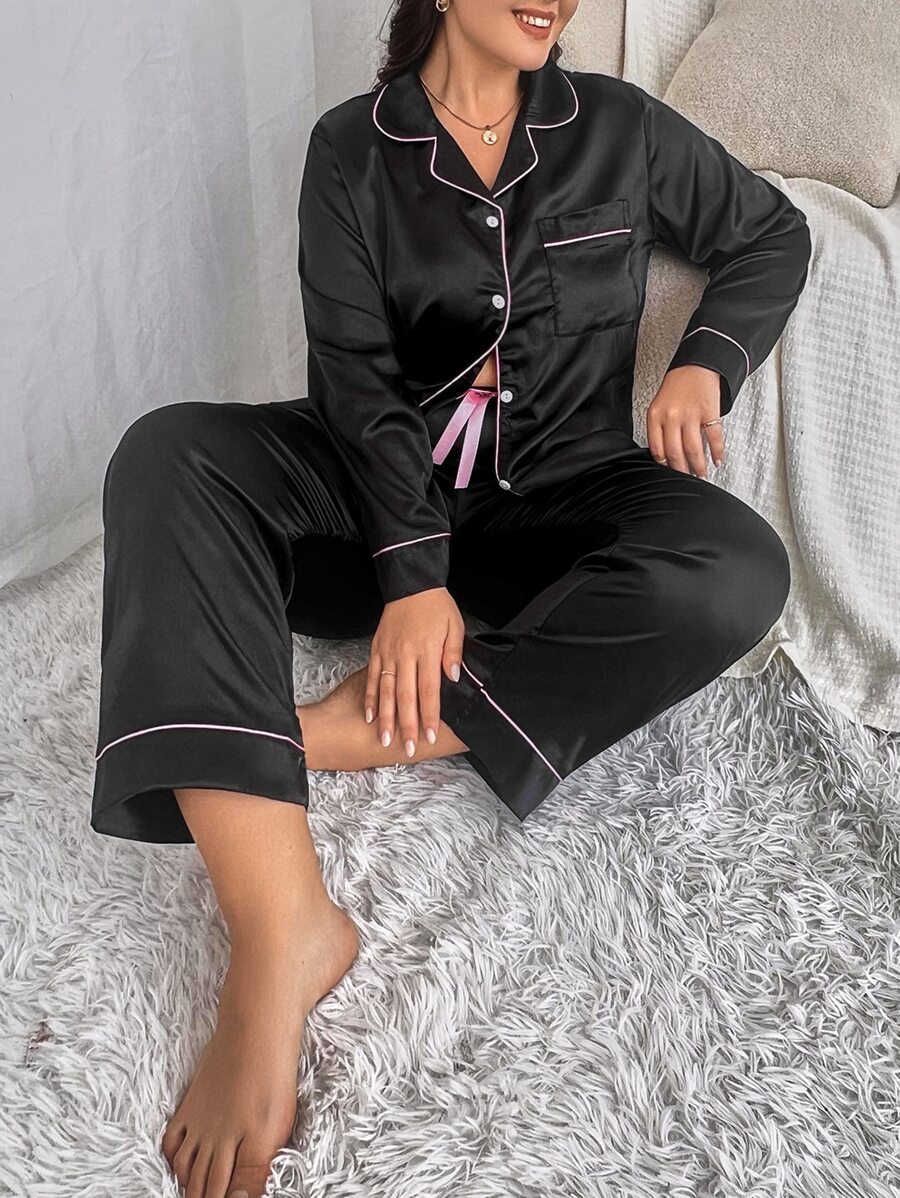 Plus Contrast Binding Satin Shirt & Trousers PJ Set - Black - View 1