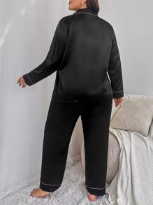 Plus Contrast Binding Satin Shirt & Trousers PJ Set - Black - View 2