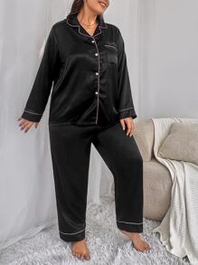 Plus Contrast Binding Satin Shirt & Trousers PJ Set - Black - View 4