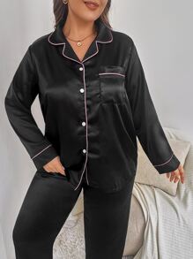 Plus Contrast Binding Satin Shirt & Trousers PJ Set - Black - View 5