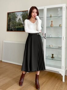 DAZY Chân váy xếp ly, kiểu quấn bên hông, mùa thu - màu đen - Xem 4