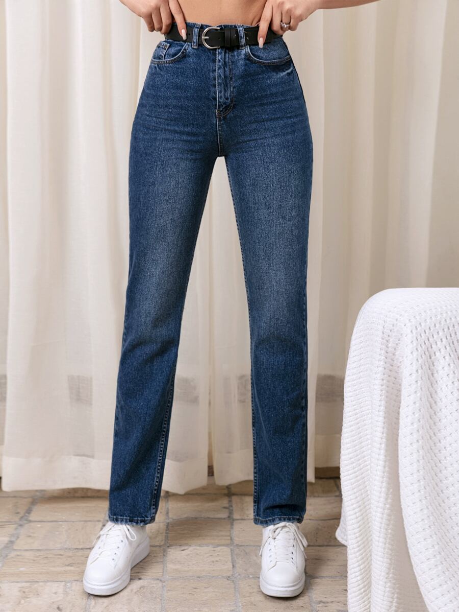 RueChic High Waist Straight Leg Jeans Without Belt - Dark Wash - View 1