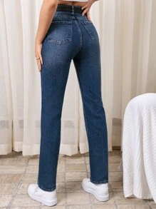 RueChic High Waist Straight Leg Jeans Without Belt - Dark Wash - View 2