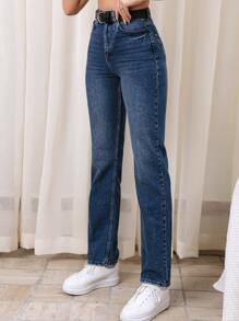 RueChic High Waist Straight Leg Jeans Without Belt - Dark Wash - View 4