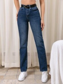 RueChic High Waist Straight Leg Jeans Without Belt - Dark Wash - View 5