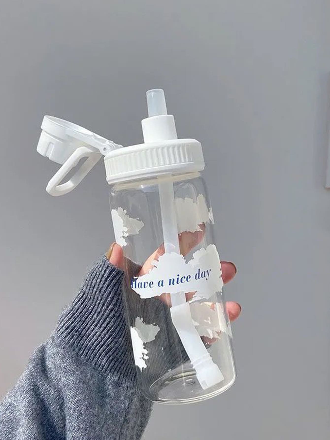1入組雲和字母圖形水瓶帶吸管簡易PC透明水瓶適用於戶外 - 白色 - 查看 1