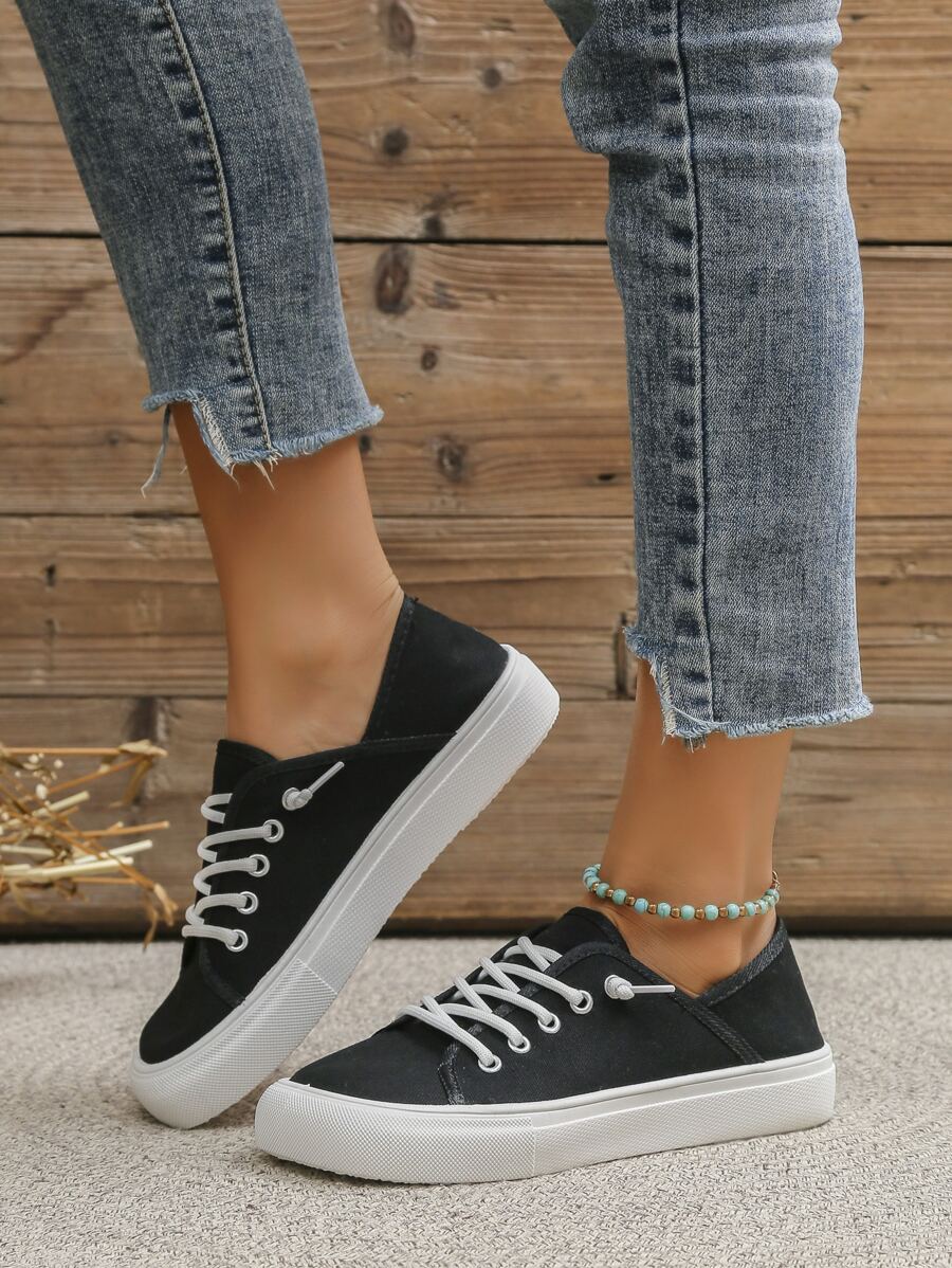 Lace-up Front Canvas Shoes - Black - View 1