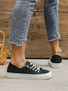Lace-up Front Canvas Shoes - Black - View 2