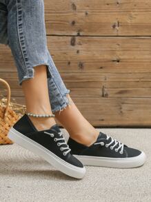 Lace-up Front Canvas Shoes - Black - View 3
