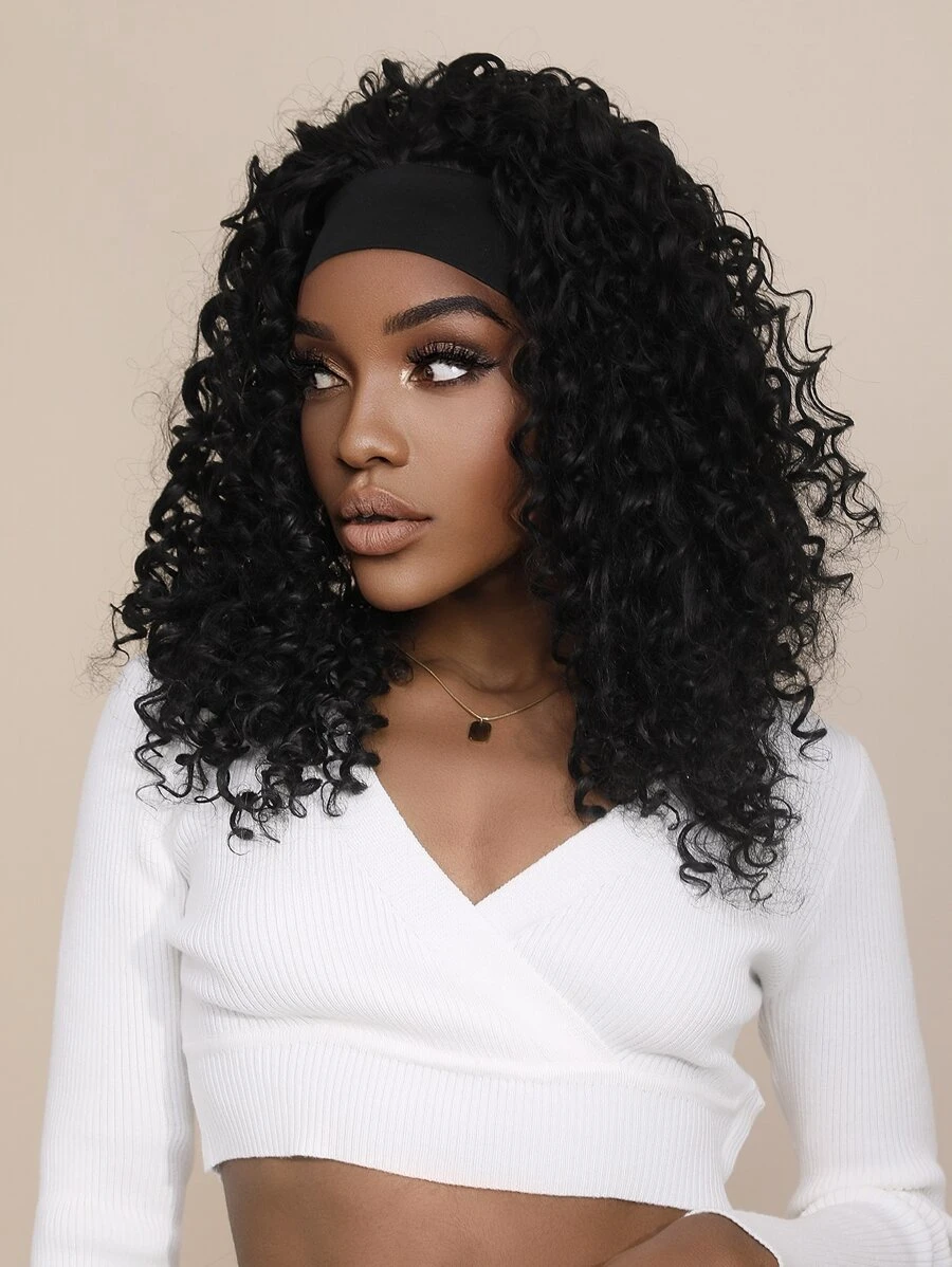 7JHH WIGS 咕嚕頭帶假髮22in黑色深波浪弧度,女性自然髮線合成水波曲針織假髮