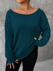 SHEIN LUNE Suéter de punto de hombros caídos de cuello barco con textura - Agua verde azul - Ver 3
