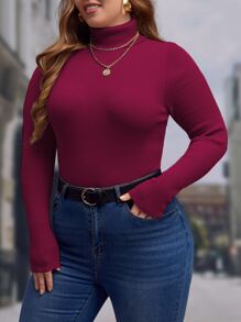 SHEIN Clasi Plus Turtleneck Ribbed Knit Sweater - Burgundy - View 4