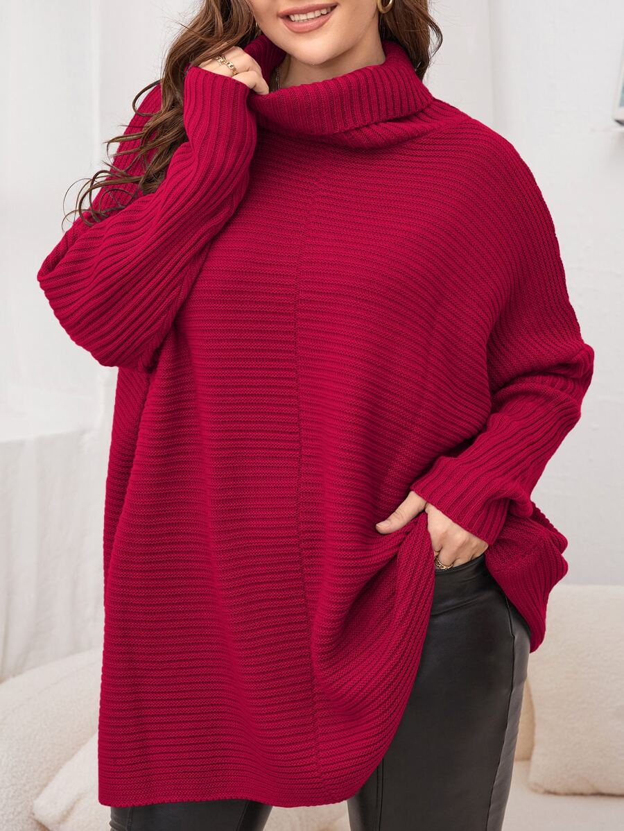 SHEIN LUNE Plus Turtleneck Batwing Sleeve Jumper - Red - View 1