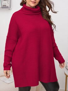 SHEIN LUNE Plus Turtleneck Batwing Sleeve Jumper - Red - View 4