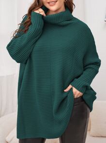 SHEIN LUNE Plus Turtleneck Batwing Sleeve Jumper - Dark Green - View 1