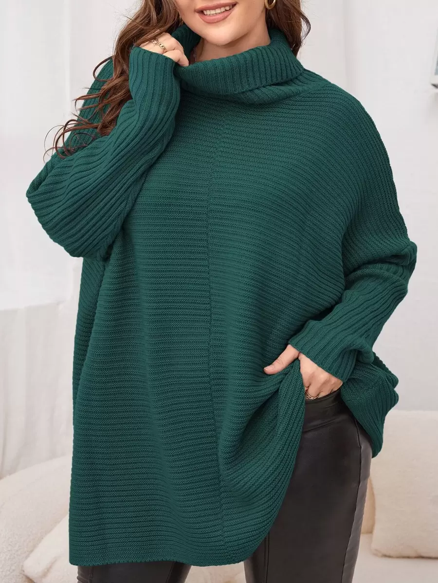 SHEIN LUNE Plus Turtleneck Batwing Sleeve Jumper - Dark Green - View 1