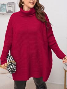 SHEIN LUNE Plus Turtleneck Batwing Sleeve Jumper - Red - View 5