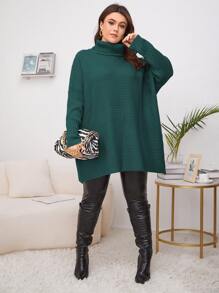 SHEIN LUNE Plus Turtleneck Batwing Sleeve Jumper - Dark Green - View 3