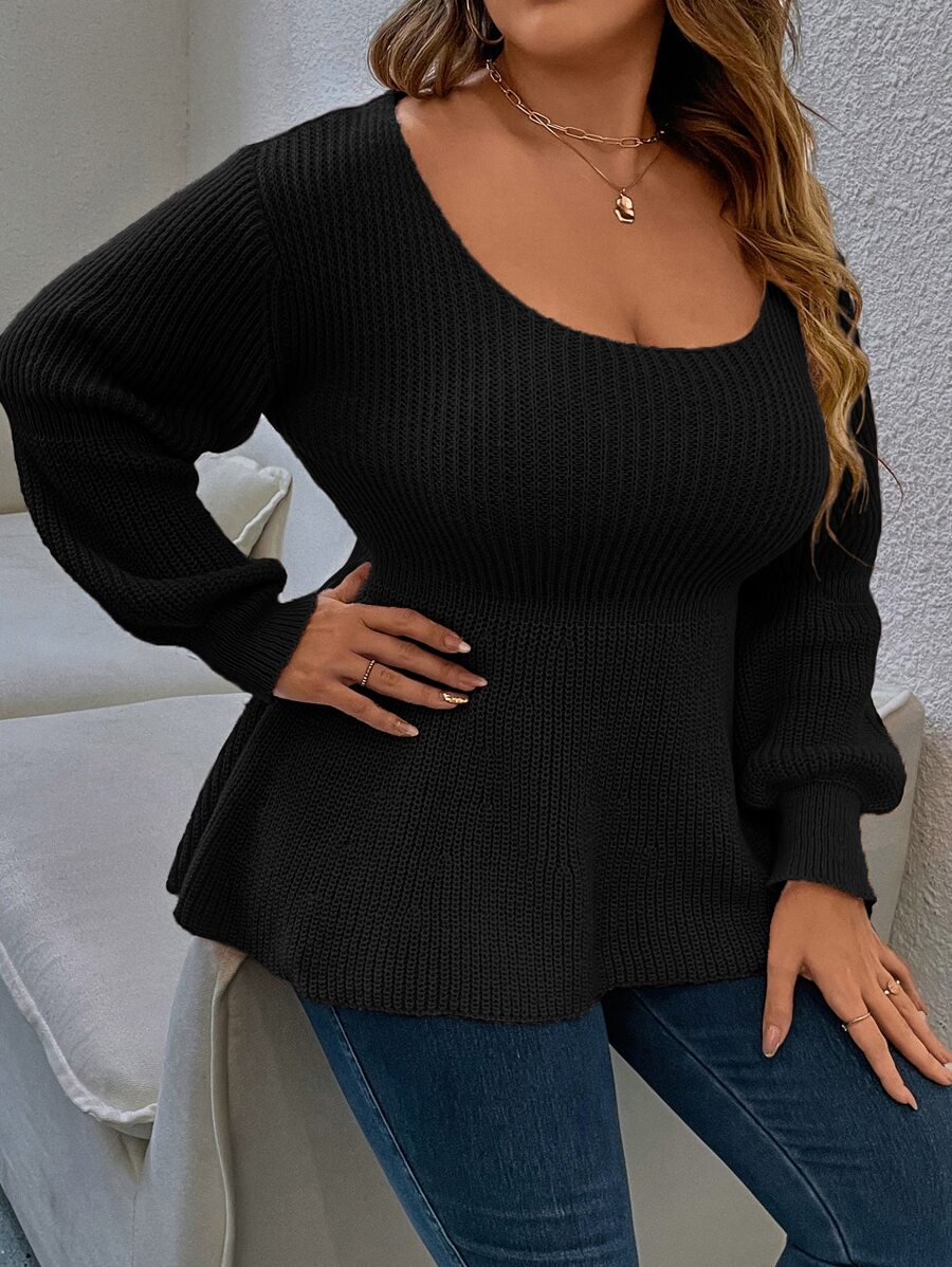 Calvaya Plus Scoop Neck Peplum Sweater - Black - View 1