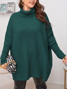 SHEIN LUNE Plus Turtleneck Batwing Sleeve Jumper - Dark Green - View 5