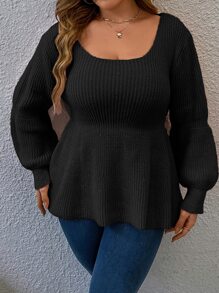 Calvaya Plus Scoop Neck Peplum Sweater - Black - View 4