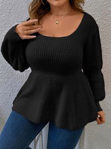 Calvaya Plus Scoop Neck Peplum Sweater - Black - View 5