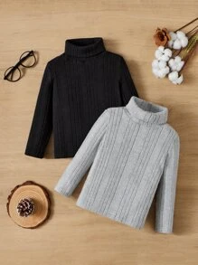 SHEIN Leap Crew Young Boy 2pcs Casual & Comfortable Basic Solid Turtleneck Long Sleeve T-Shirt - Multicolor - View 1