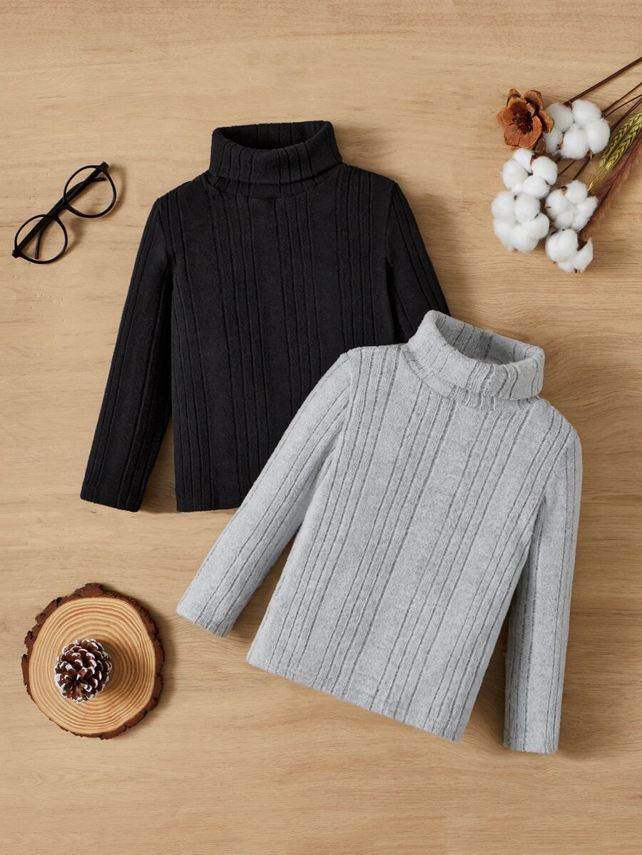 SHEIN Leap Crew Young Boy 2pcs Casual & Comfortable Basic Solid Turtleneck Long Sleeve T-Shirt - Multicolor - View 1