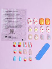 VV MEI JIA ER 添加A觸碰浪漫帶24入組短方形兒童可愛花朵印花假指甲和1張膠帶和1入組指甲銼適合女士和女孩 - 彩色 - 查看 2