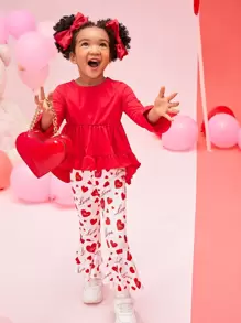 小女童荷葉邊上衣和愛心圖案喇叭褲 - 紅白色 - 查看 1