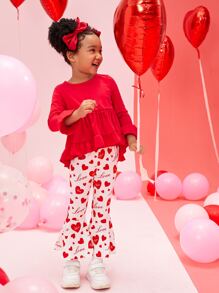 小女童荷葉邊上衣和愛心圖案喇叭褲 - 紅白色 - 查看 3