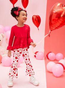 小女童荷葉邊上衣和愛心圖案喇叭褲 - 紅白色 - 查看 4