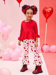 小女童荷葉邊上衣和愛心圖案喇叭褲 - 紅白色 - 查看 6