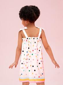 SHEIN 年轻女孩白色波尔卡圆点条纹印花度假甜美舒适宽肩带连衣裙，适合夏季 - 白色 - 查看 2