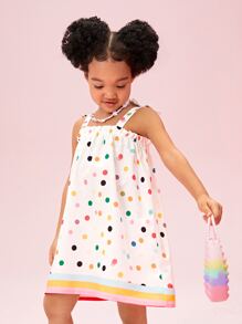 SHEIN 年轻女孩白色波尔卡圆点条纹印花度假甜美舒适宽肩带连衣裙，适合夏季 - 白色 - 查看 3