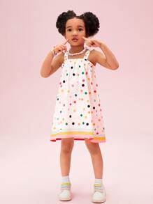 SHEIN 年轻女孩白色波尔卡圆点条纹印花度假甜美舒适宽肩带连衣裙，适合夏季 - 白色 - 查看 5