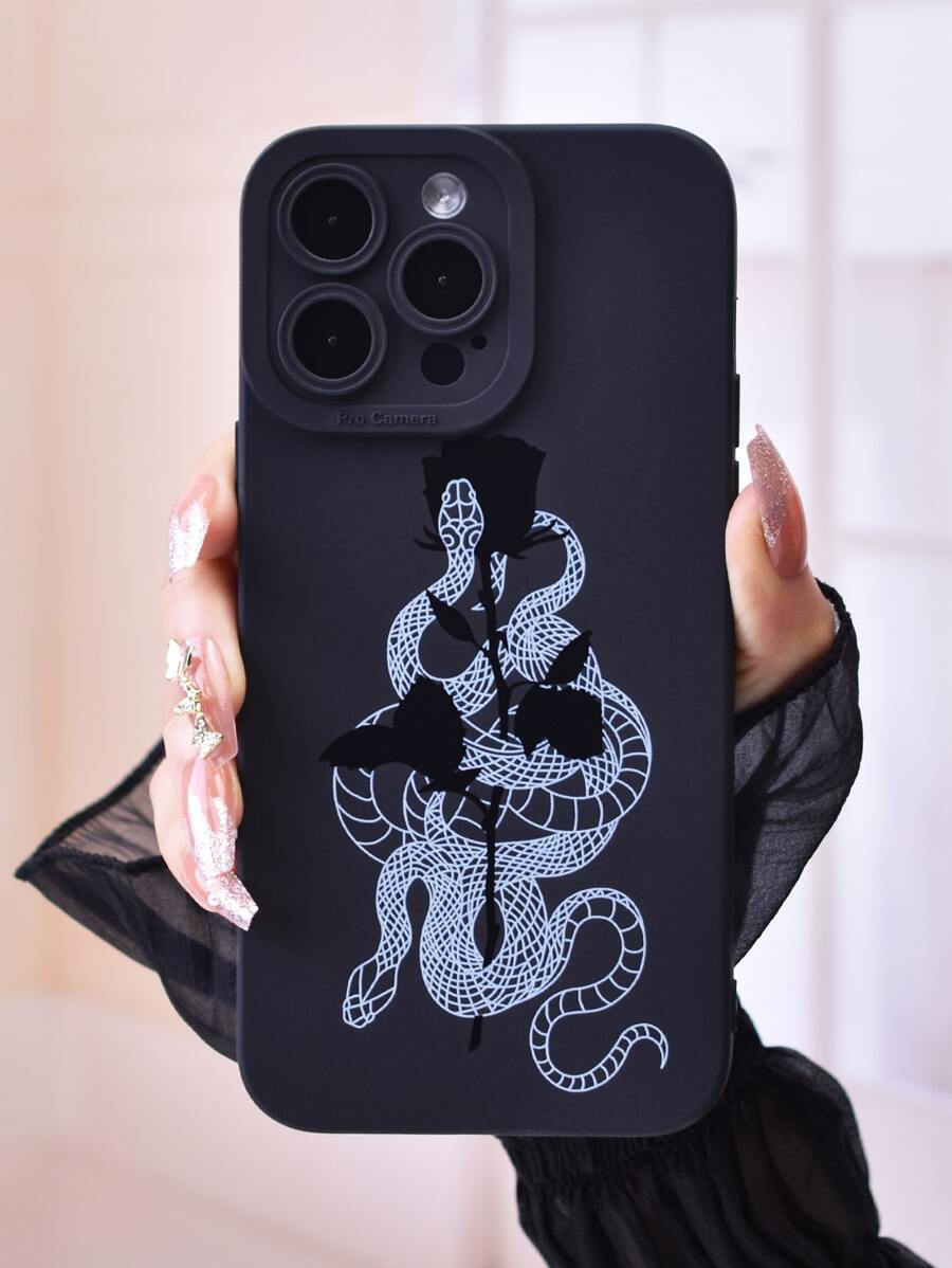 Bm18841 Ojo De Ángel Negro Molienda Tpu Diseño Serpiente Y Rosa De Pintura Colorida - Ninguno - Blanco y Negro - Ver 1