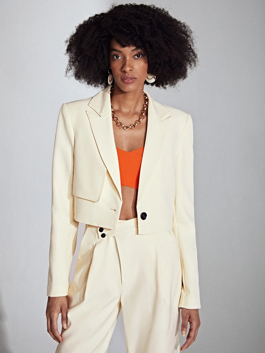SHEIN Privé Solid Lapel Neck Crop Blazer - Beige - View 1