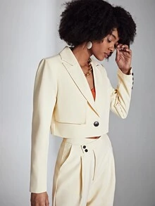 SHEIN Privé Solid Lapel Neck Crop Blazer - Beige - View 3