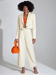 SHEIN Privé Solid Lapel Neck Crop Blazer - Beige - View 4