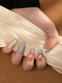 24 件长款棺材心形印花假指甲、1 个指甲锉和 1 片胶带，用于指甲贴合，美甲用品，美甲 - 彩色 - 查看 1