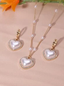 Heart Shape Faux Pearls Jewelry Set With Pendant Necklace & Drop Earrings Inlaid Shiny Rhinestones Elegant Jewelry Set Valentines - Multicolor - View 1