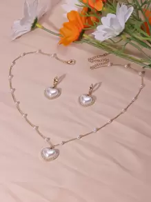 Heart Shape Faux Pearls Jewelry Set With Pendant Necklace & Drop Earrings Inlaid Shiny Rhinestones Elegant Jewelry Set Valentines - Multicolor - View 2