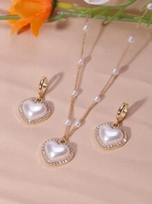 Heart Shape Faux Pearls Jewelry Set With Pendant Necklace & Drop Earrings Inlaid Shiny Rhinestones Elegant Jewelry Set Valentines - Multicolor - View 4