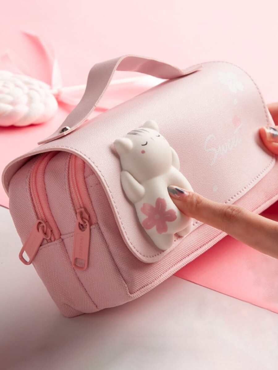 萌貓減壓筆袋大鉛筆盒便攜女生筆袋雙層書包卡哇伊文具筆袋 - 彩色 - 查看 1