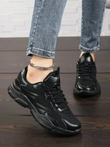 Lace-up Front Chunky Sneakers - Black - View 1