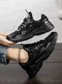 Lace-up Front Chunky Sneakers - Black - View 2