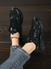 Lace-up Front Chunky Sneakers - Black - View 4